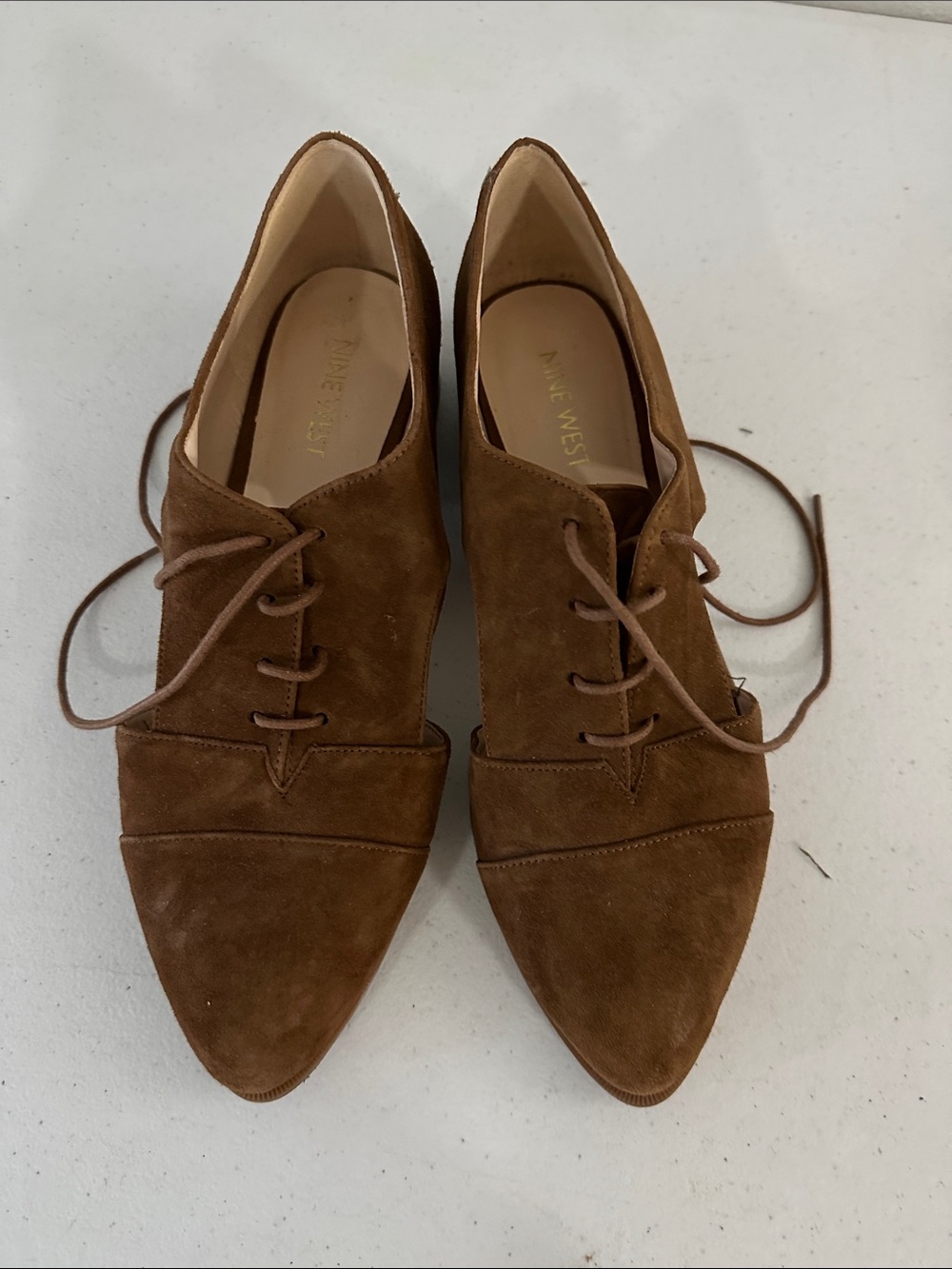 Nine West Chestnut Brown Suede Lace-Up Pointed Oxfords